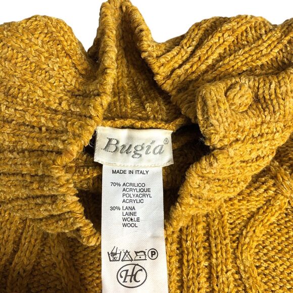 Vintage Bugia Sweater L Yellow Fisherman Cable Knit Wool Blend Mock Neck Italy - Picture 3 of 16